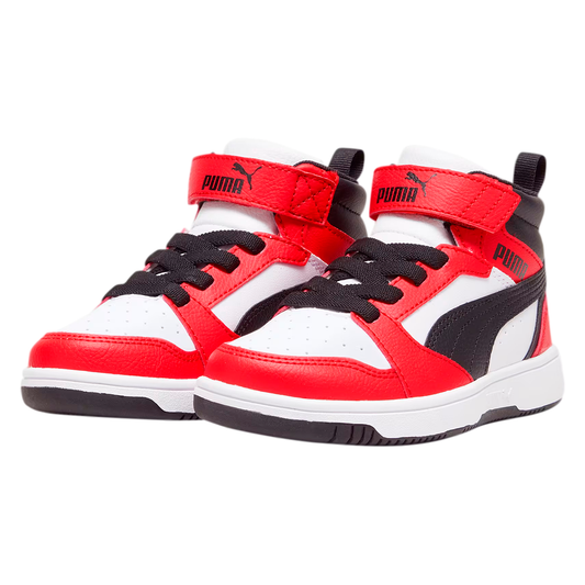 PUMA REBOUND V6 PARA NIÑO COLOR BLANCO NEGRO ROJO